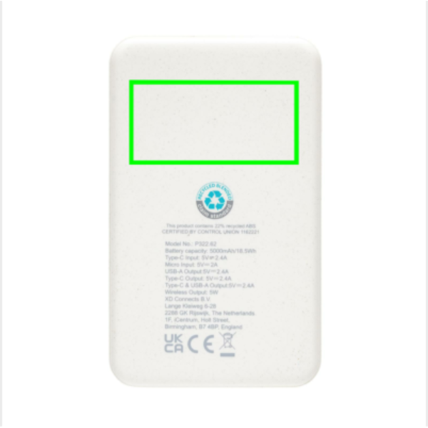 Powerbank inalámbrico 5W plástico RCS reciclado 5.000 mAh - Tecnología - Regalo Promocional Personalizado - Tecnica Tampografía - Zona parte trasera