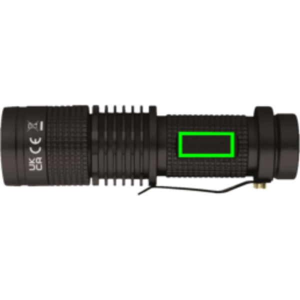 Linterna personalizada CREE de bolsillo 3W - Linternas personalizadas - Regalo Promocional Personalizado - Tecnica Tampografía - Zona parte trasera