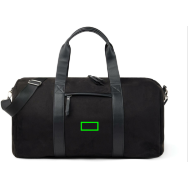 Bolsa fin de semana personalizada VINGA Marlow de poliéster reciclado RCS - Regalos Premium - Regalo Promocional Personalizado - Tecnica Etiqueta PU Brendon - Zona parte frontal y baja del artículo