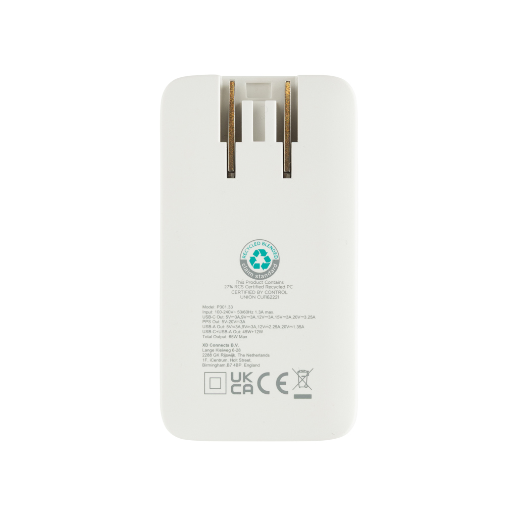 Cargador plano Fluxo RCS 65W GaN y conectores universales