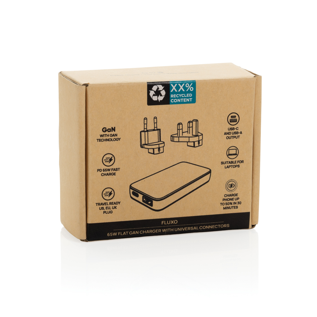 Cargador plano Fluxo RCS 65W GaN y conectores universales