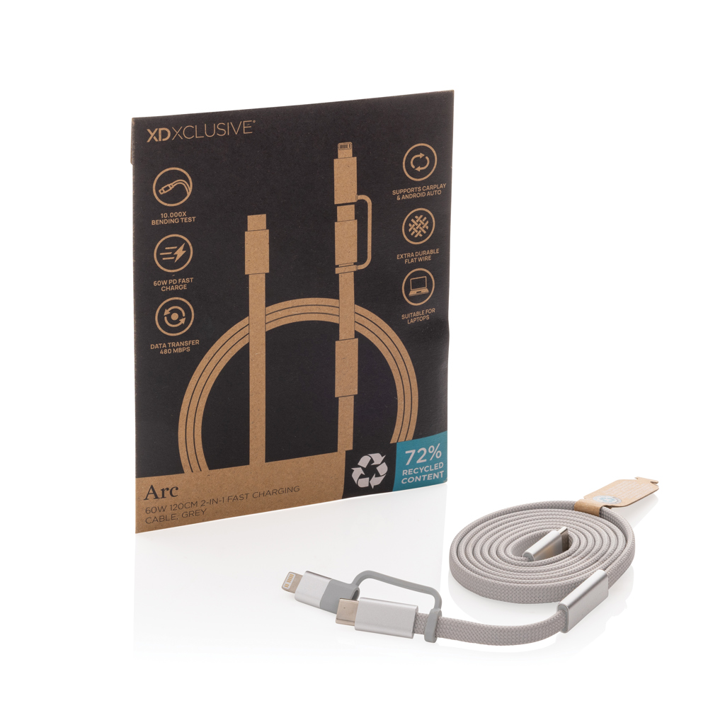 gris Cable de carga rápida 2 en 1 Arc RCS de 60W y 120 cm