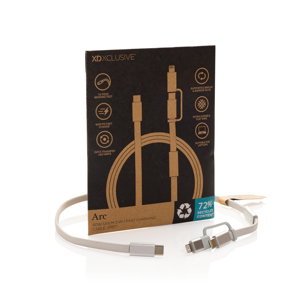 gris Cable de carga rápida 2 en 1 Arc RCS de 60W y 120 cm