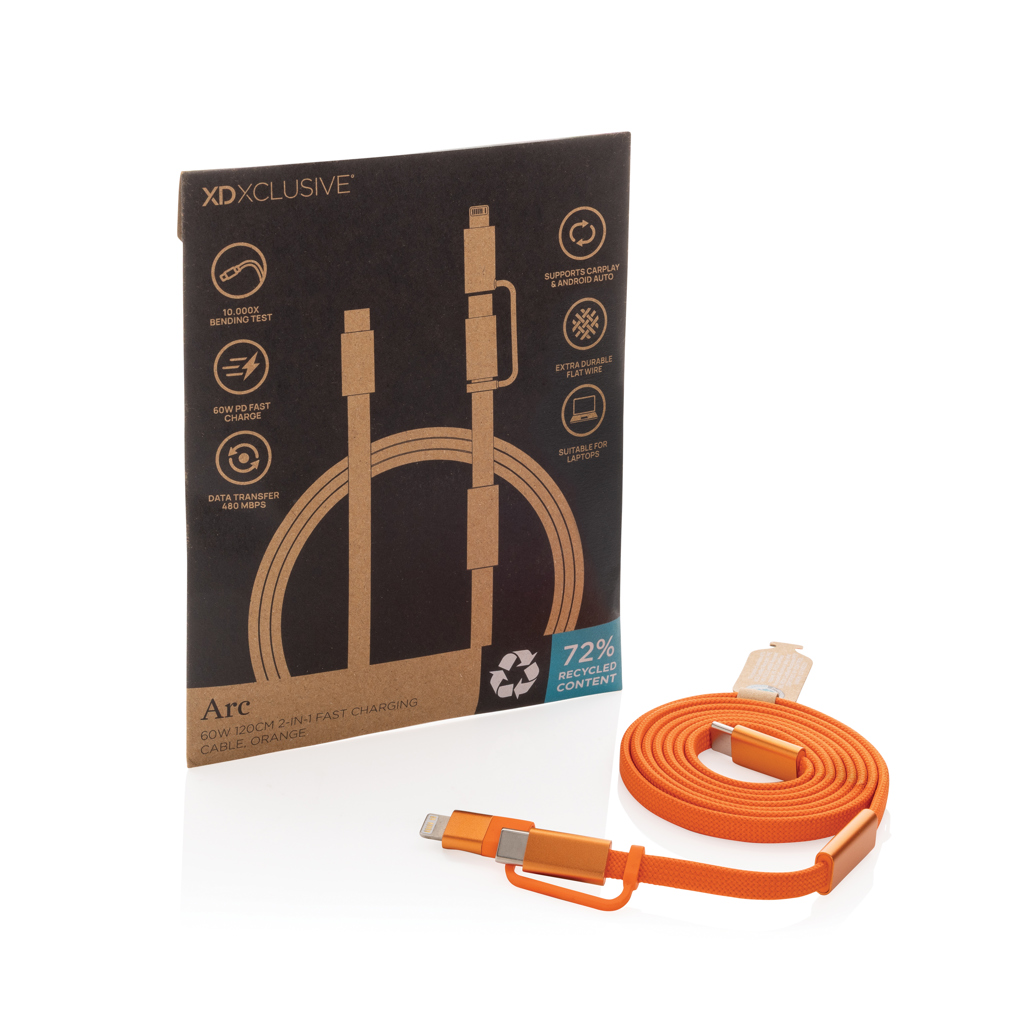 naranja Cable de carga rápida 2 en 1 Arc RCS de 60W y 120 cm