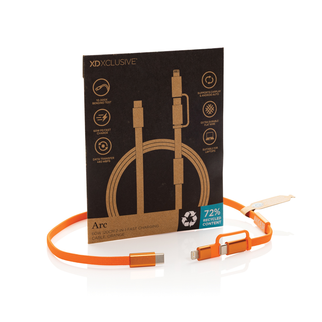 naranja Cable de carga rápida 2 en 1 Arc RCS de 60W y 120 cm