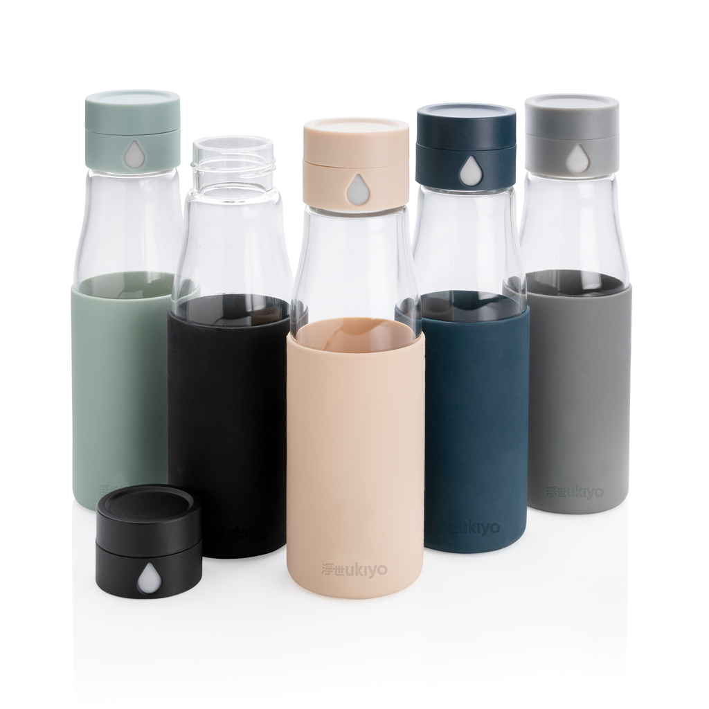 Picture of Ukiyo glass hydration tracking bottle with sleeve