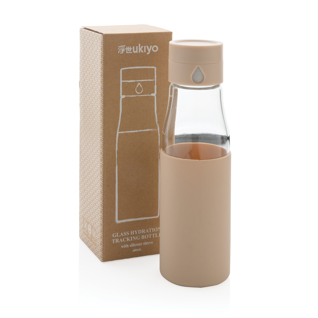 Picture of Ukiyo glass hydration tracking bottle with sleeve
